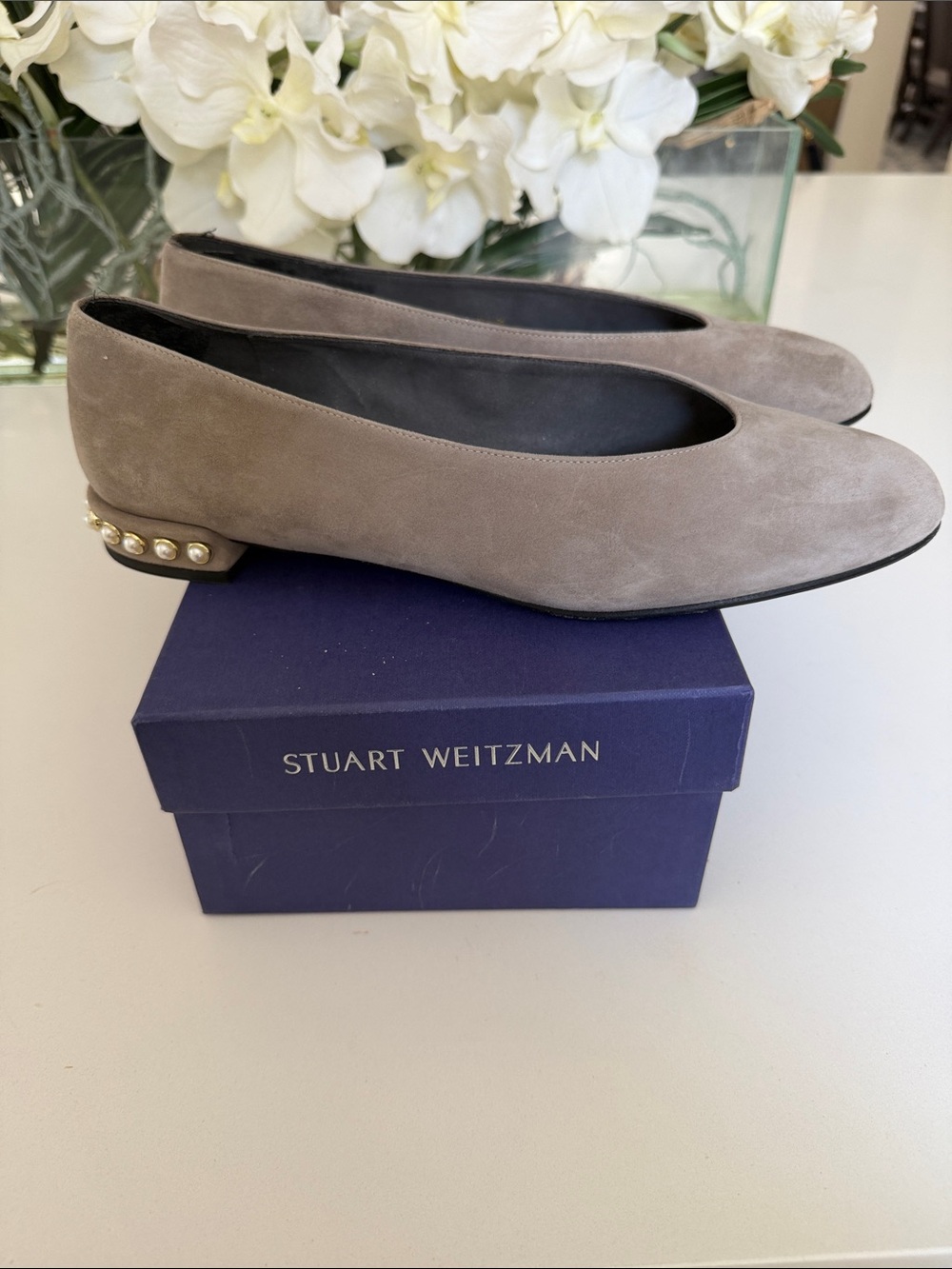 Stuart Weitzman Taupe Suede Pearl-Accented Ballet Flats